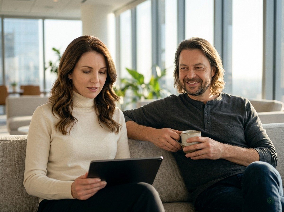KI-generiert: Elin liest auf einem Sofa im Büro auf einem Tablet, neben ihr Maik Marx mit einer Tasse Kaffee, beide entspannt
