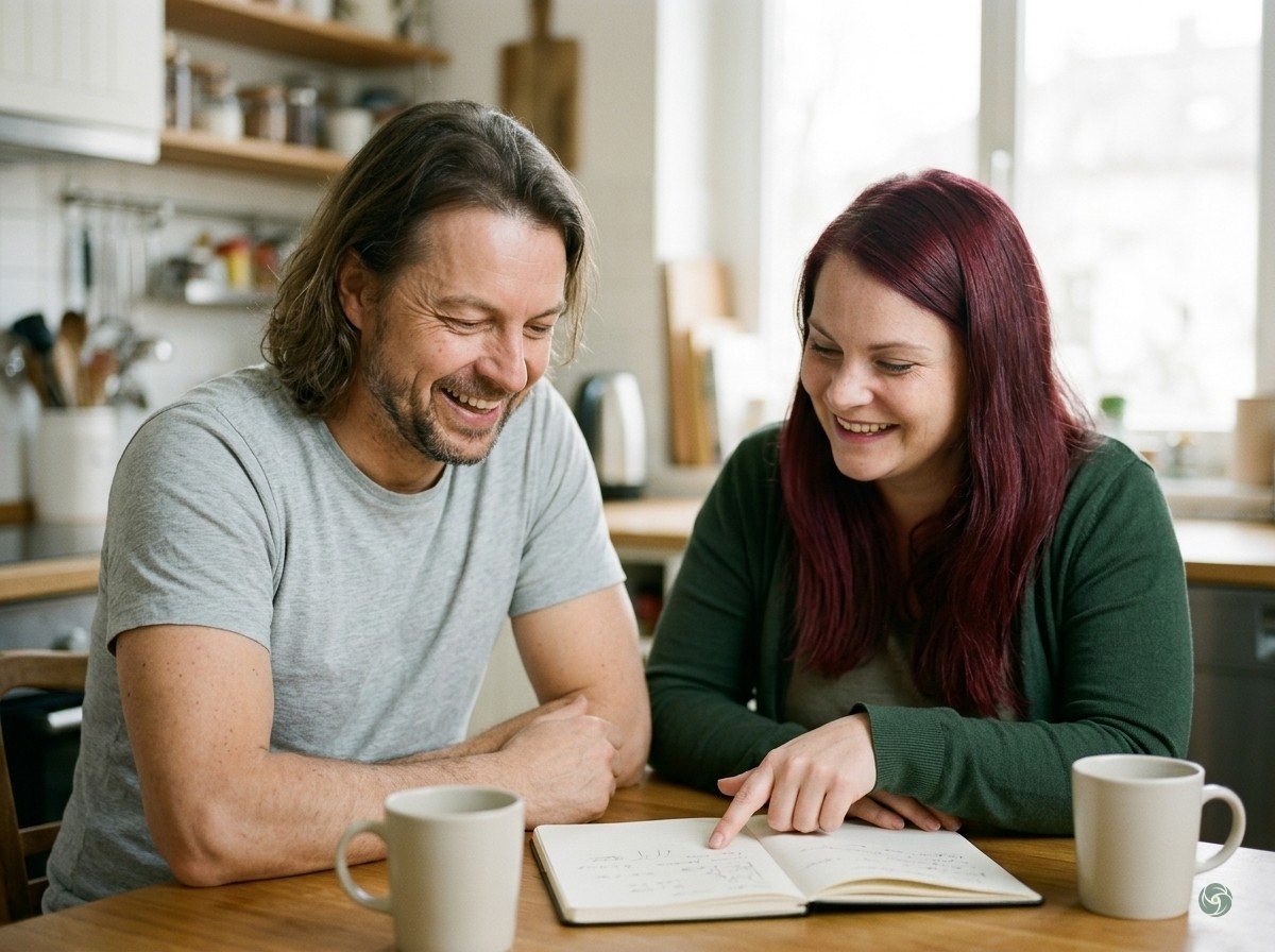 KI-generiert: Nicole sitzt mit Maik Marx an einem Küchentisch, sie zeigt ihm etwas in einem Notizbuch, beide lachen, Morgenlicht