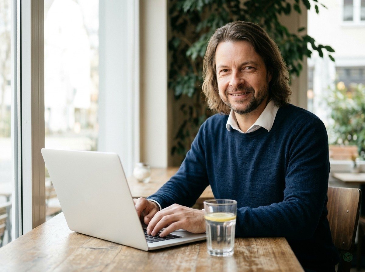 KI-generiert: Maik Marx sitzt mit Laptop an einem Fenstertisch und tippt lächelnd, neben ihm ein Glas Wasser mit Zitrone