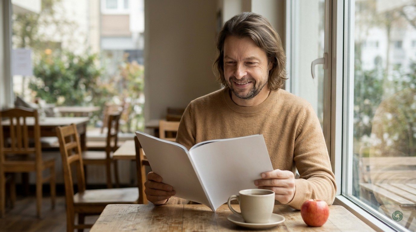 KI-generiert: Maik Marx liest an einem Fensterplatz in einem Café ein Magazin, daneben eine Tasse Tee und ein Apfel