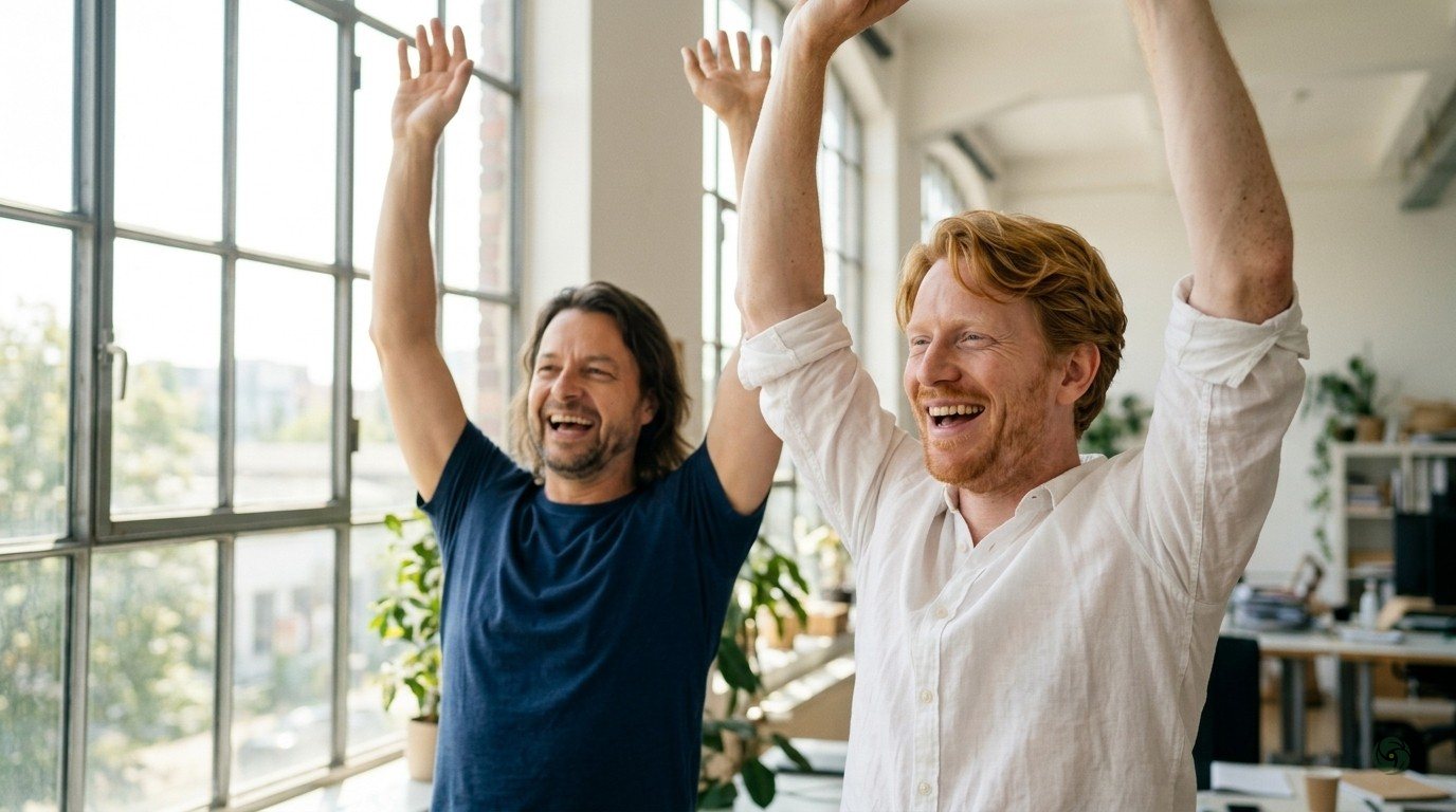 KI-generiert: Theo und Maik Marx stehen in einem hellen Büro am Fenster und dehnen die Arme nach oben, beide lachen