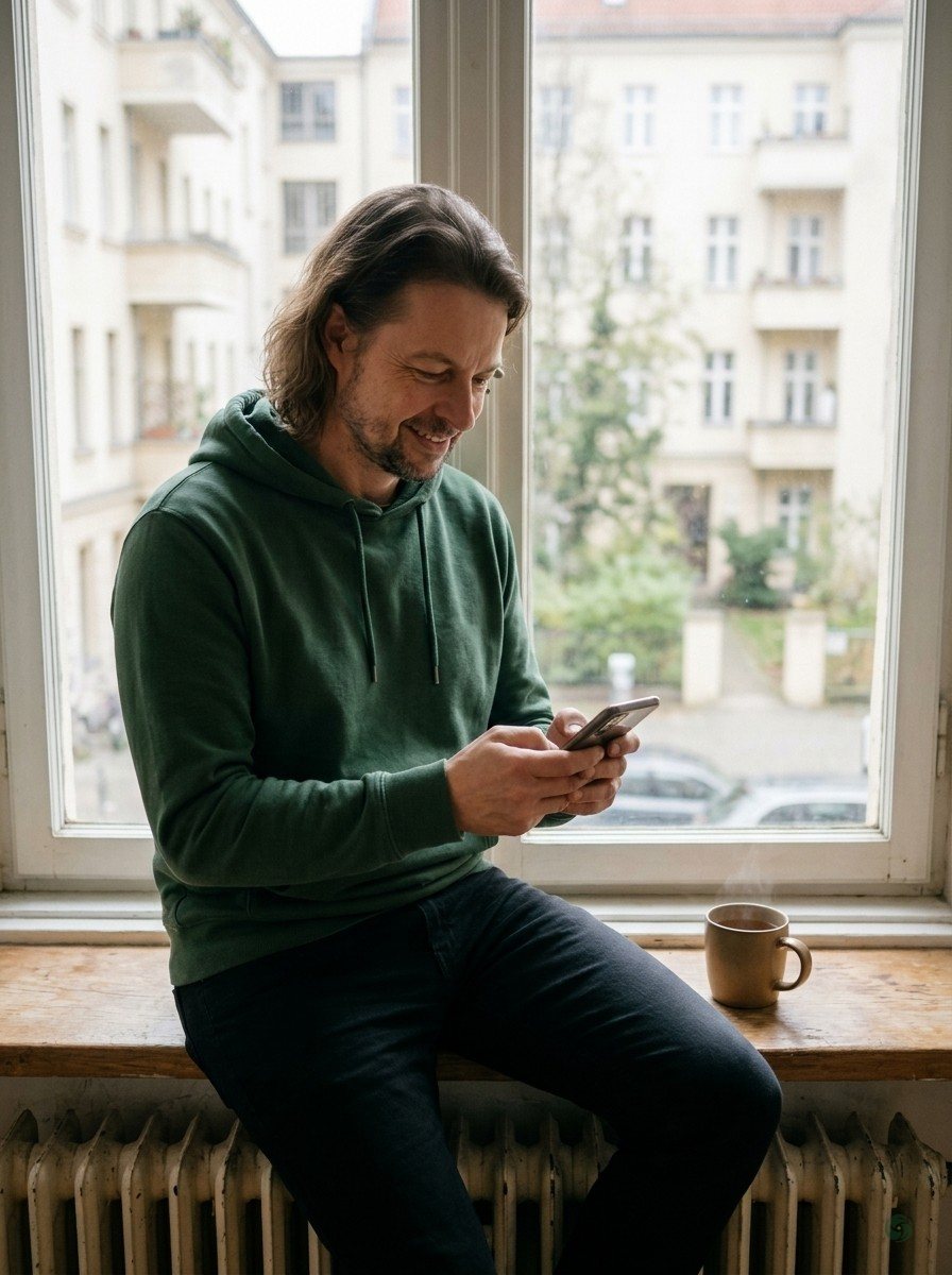 KI-generiert: Maik Marx sitzt morgens auf einer Fensterbank in Berlin, schaut lächelnd auf sein Handy, daneben eine Tasse Tee