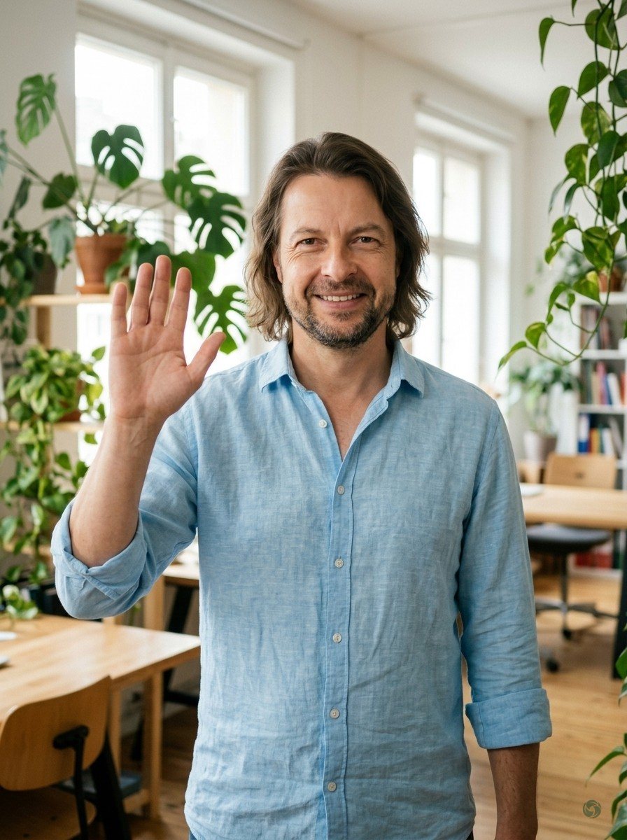 KI-generiert: Maik Marx lächelt in die Kamera, helles Büro mit Pflanzen