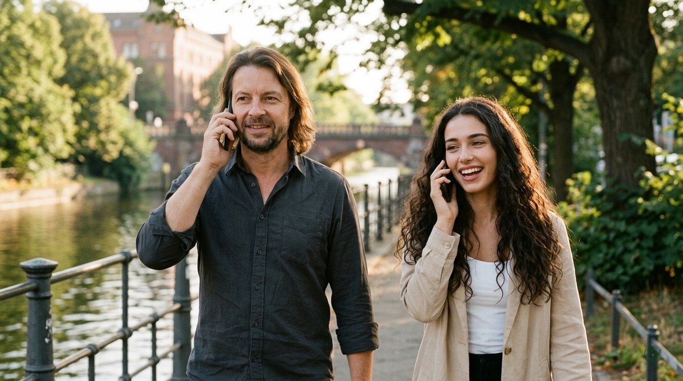 KI-generiert: Lia und Maik Marx telefonieren im Gehen an einem Berliner Kanal, Nachmittagslicht, sie trägt eine helle Jacke, er ein dunkles Hemd