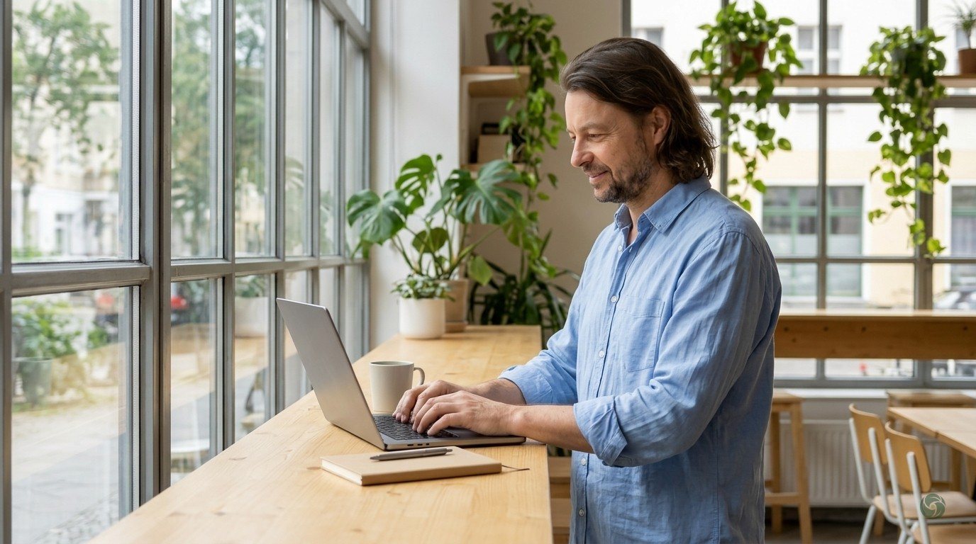 KI-generiert: Maik Marx arbeitet im Stehen an einem Fensterplatz in einem Berliner Coworking, Pflanzen, helles Holz, lockeres hellblaues Hemd