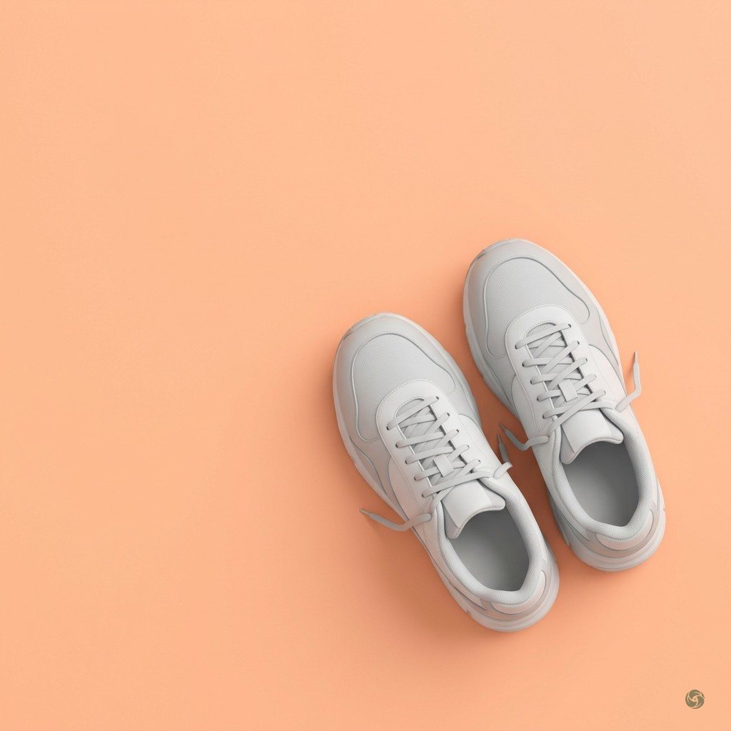 KI-generiert: Ein Paar helle Turnschuhe auf pfirsichfarbenem Grund, von oben fotografiert