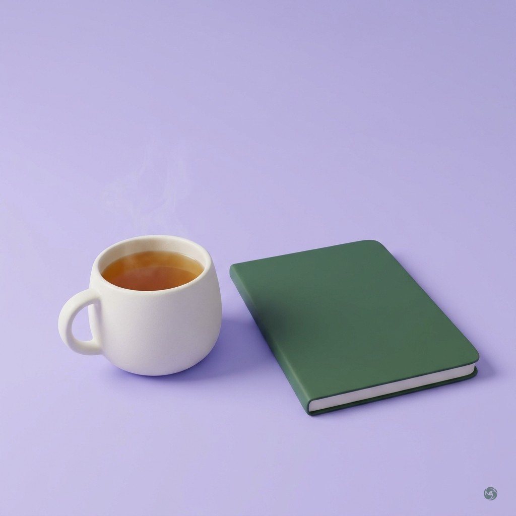 KI-generiert: Eine Tasse Tee mit Dampf auf lavendelfarbenem Grund, daneben ein geschlossenes Notizbuch